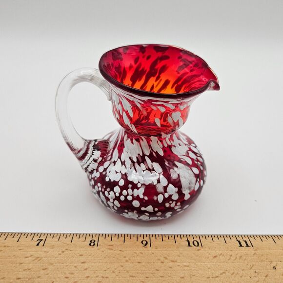 Pilgrim Glass Mini Pitcher Red Cranberry White Splatter Handle Spout Vintage - Picture 10 of 10